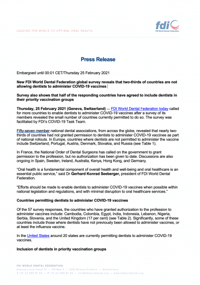 New FDI World Dental Federation global survey reveals that two-thirds of countries are not allowing dentists to administer COVID-19 vaccines 